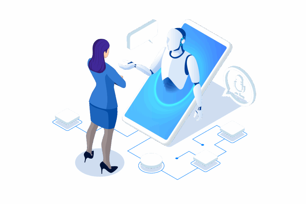 An illustration depicts a businesswoman interacting with a robot through a phone screen.